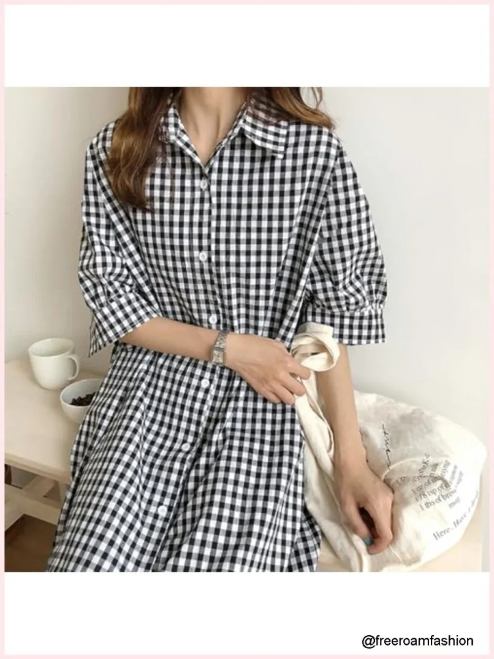 Women's Summer Casual Short Sleeve Cotton Gingham Midi Shift Dress